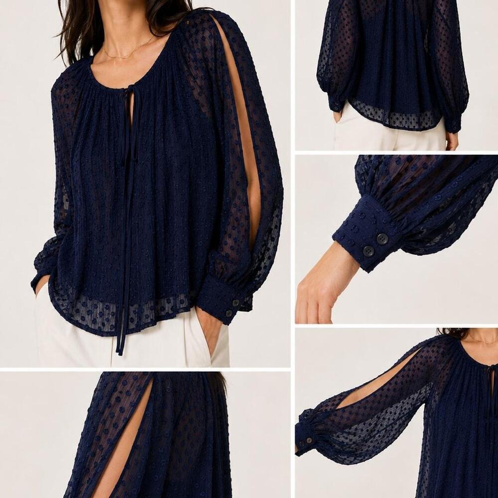 Walter Baker Navy Sheer Swiss Dot Blouse Womens XS Boho Balloon Sleeve Top - Picture 9 of 9